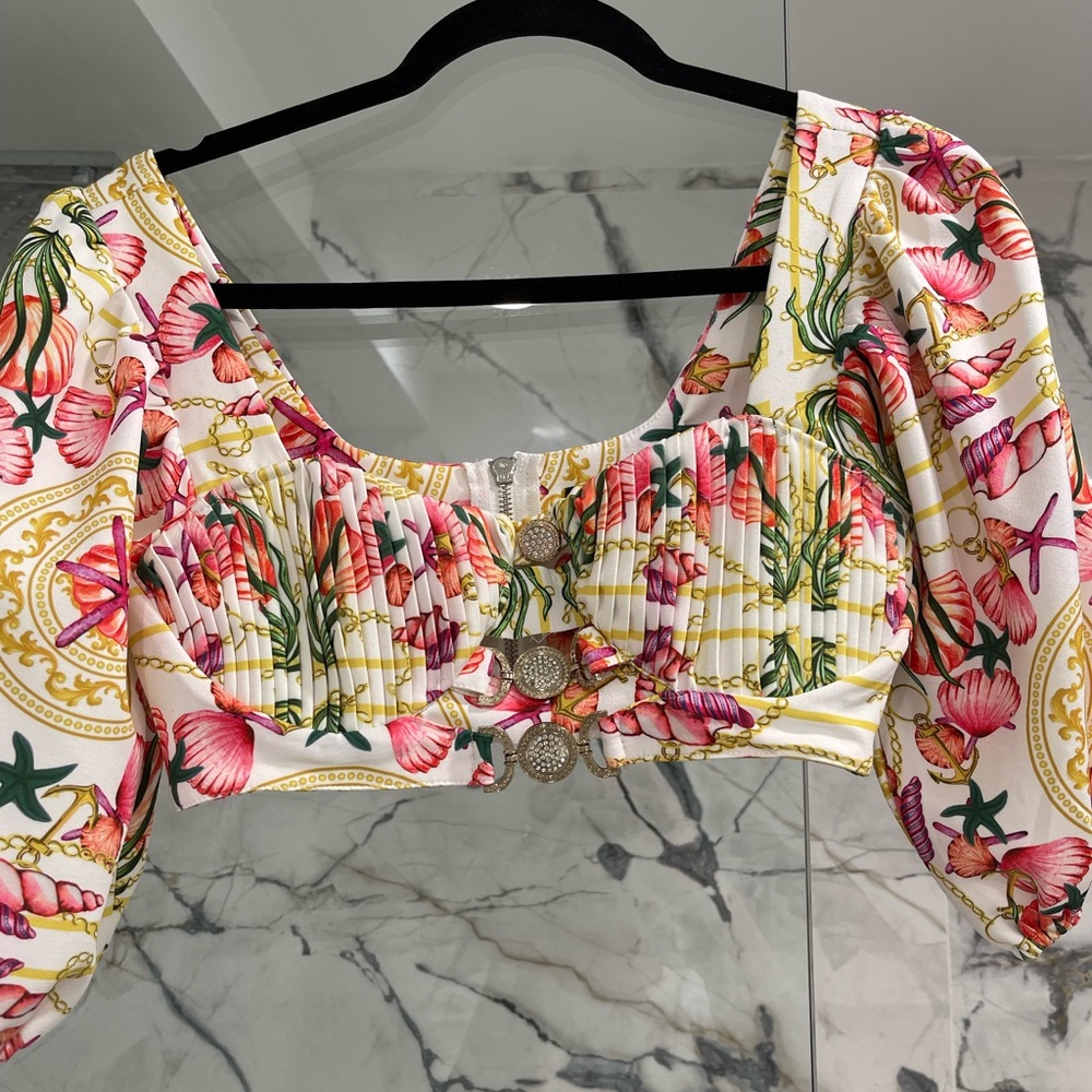 Missguided + Pink and Red Smocked Cropped Blouse